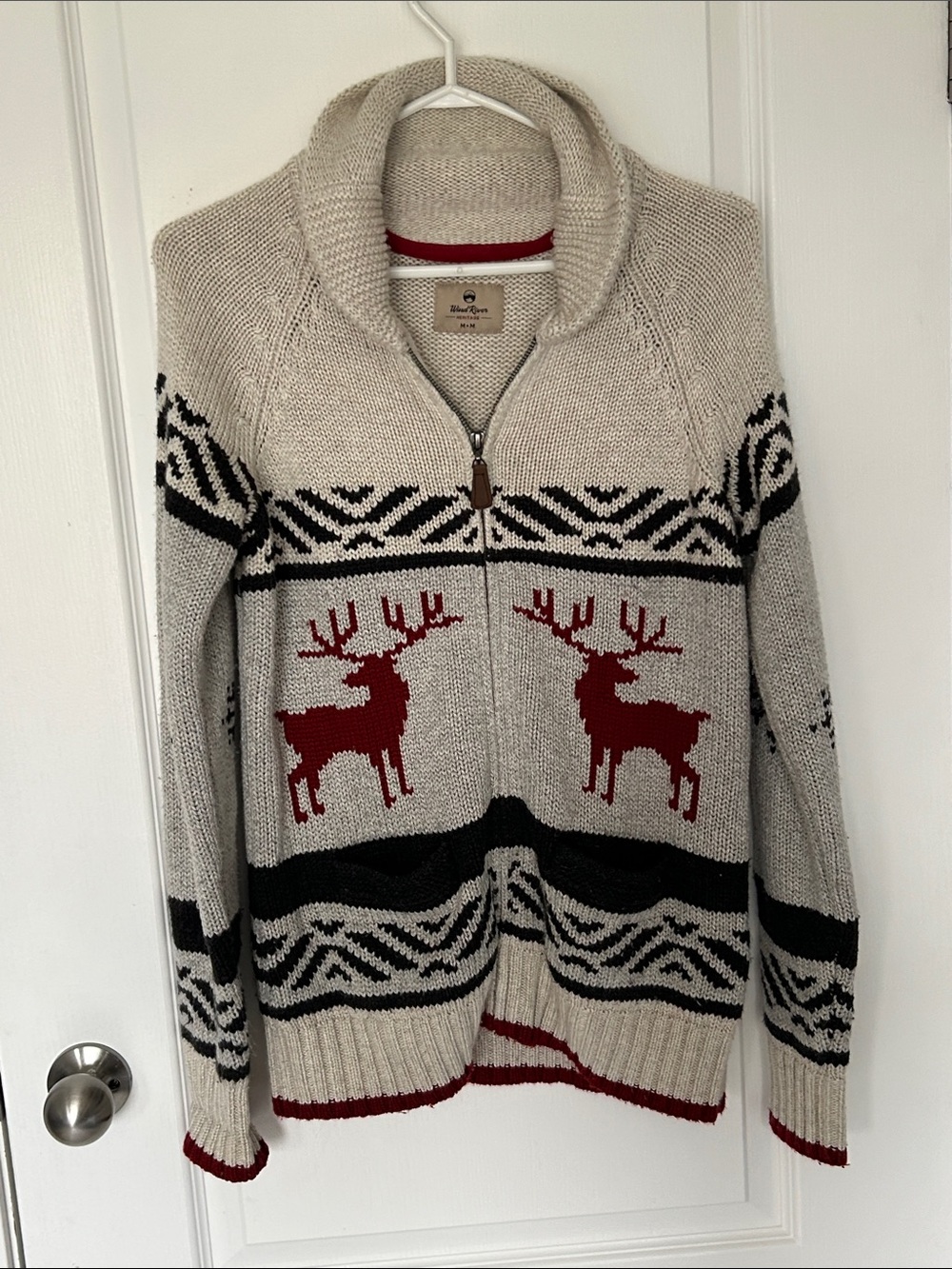 Shawl Collar Zip Cardigan Sweater with Red Reindeer Motif - Women